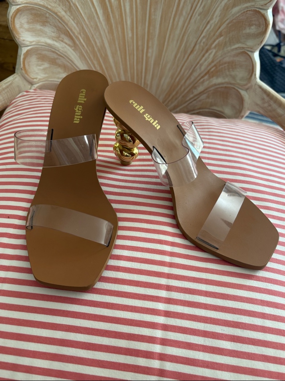 cult gaia Brown Leather Slides with Clear Straps and Gold Sculptural Heel